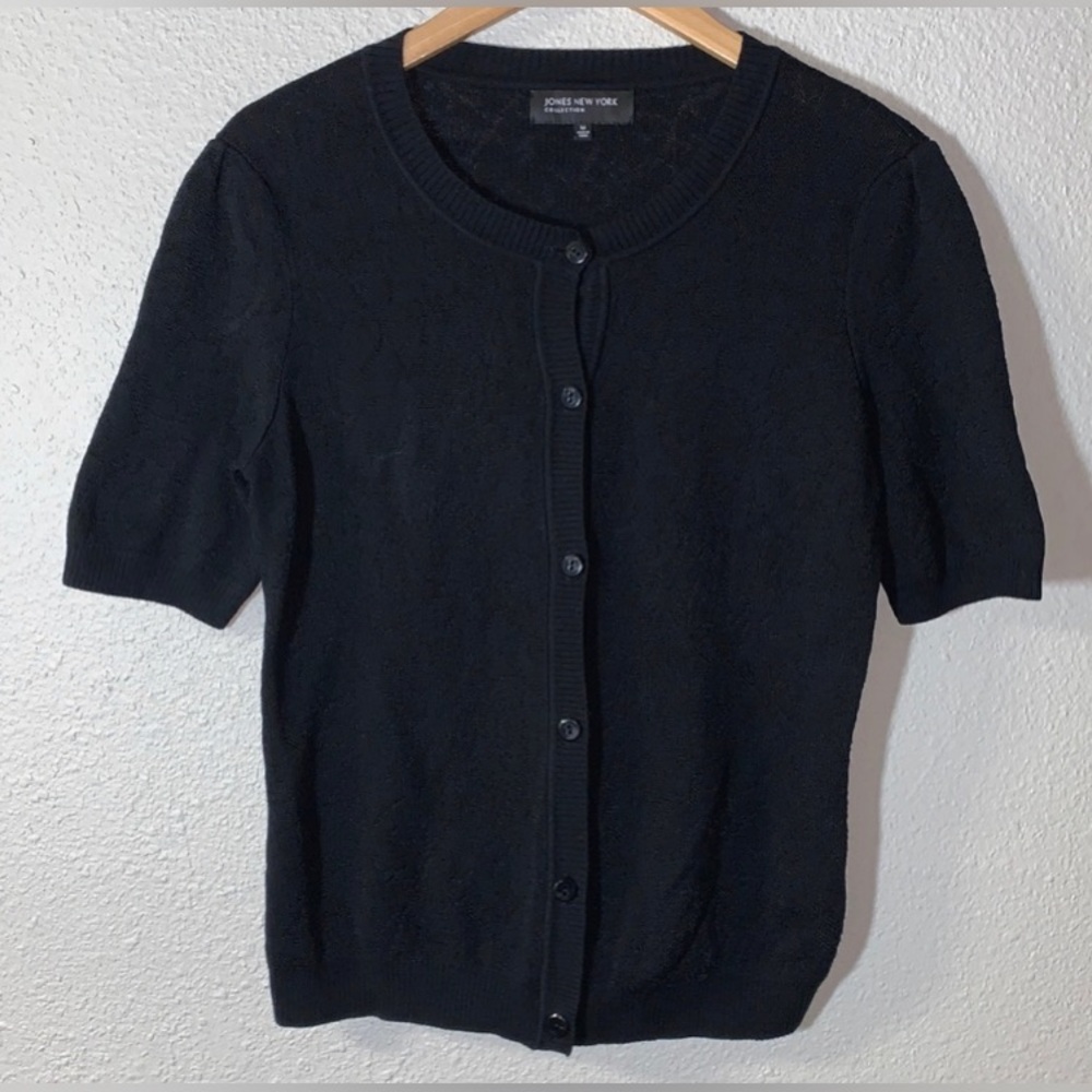 Vintage Jones N.Y. black shirt sleeve cardigan textured knit design cottagecore - Picture 14 of 14